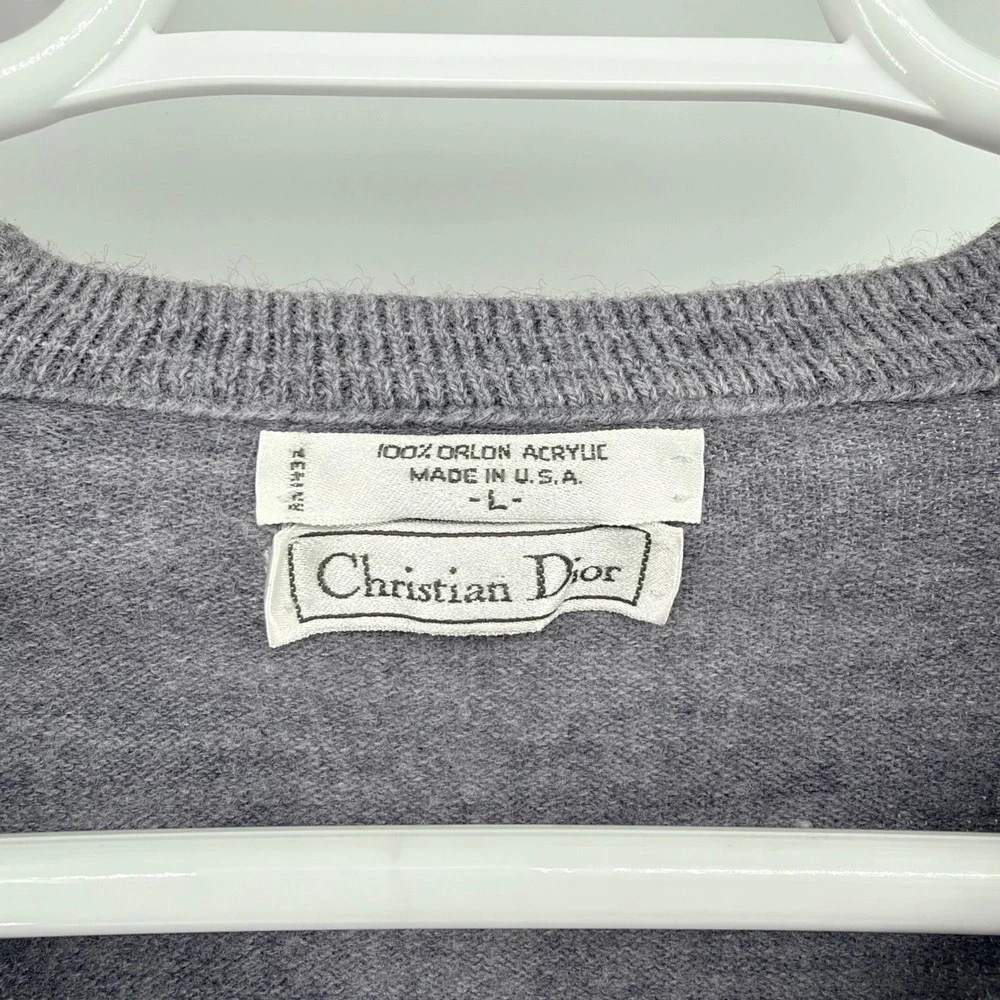 Christian Dior Vintage V-Neck Sweater Orlon Acrylic Knit Logo Gray Large USA 80s